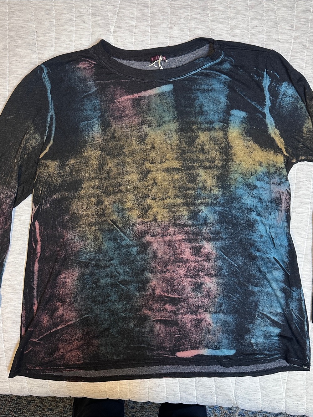 T Party Black Tie-Dye Long Sleeve Top with Blue, Yellow & Pink